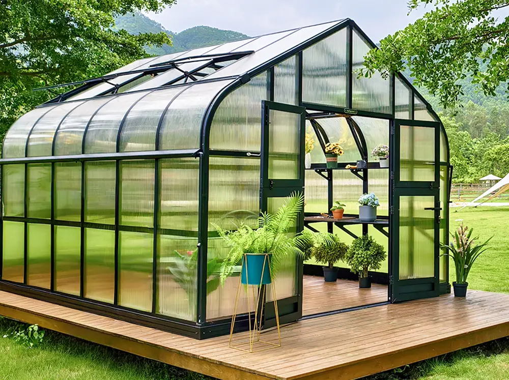 Front side view of the Vego Grand Pacific Greenhouse on a wooden platform