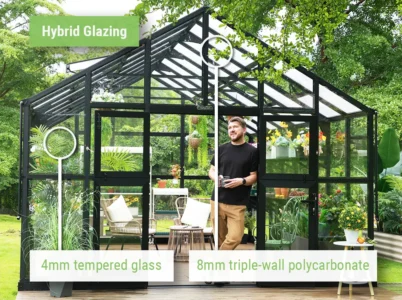 Feature image pointing out the different glazing materials for the Hybrid option of the Vego Grand Victorian Greenhouse: 4mm tempered glass on the walls and 8mm triple-wall polycarbonate on the roof