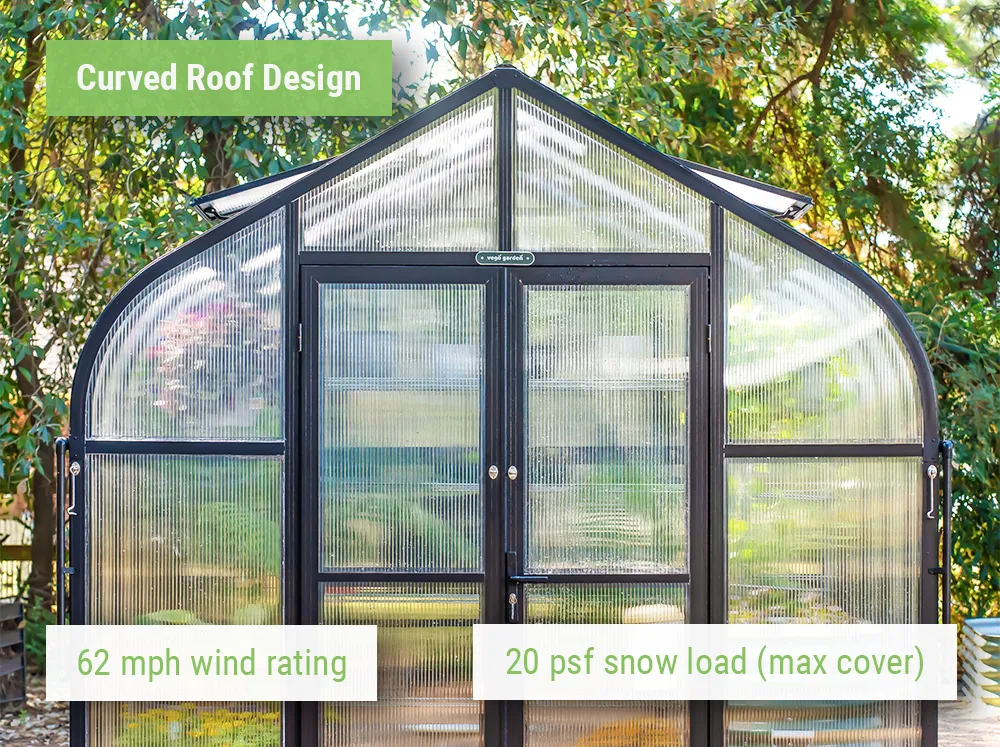 Feature image of the Vego Pacific 8.5 Greenhouse showing the curved roof design and calling out the wind rating and snow load