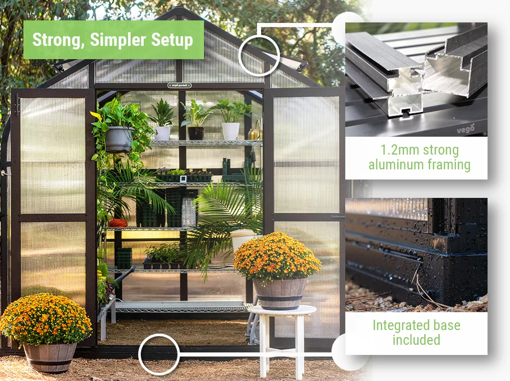 Feature image of the Vego Pacific 8.5 Greenhouse pointing out the sturdy framing and integrated base with detail views of those features
