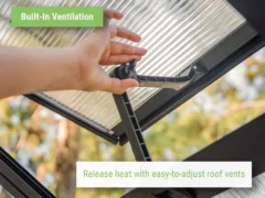 Feature image of the Vego Pacific 8.5 Greenhouse showing the manual roof vent being opened by someone