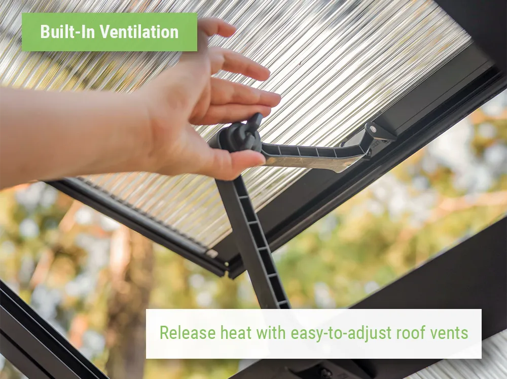 Feature image of the Vego Pacific 8.5 Greenhouse showing the manual roof vent being opened by someone