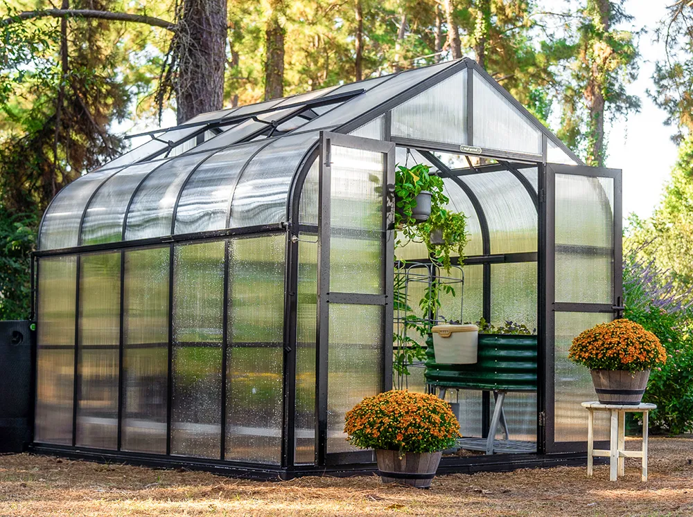 Front view of the Vego Pacific 8.5 Greenhouse with open doors