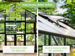 Side-by-side of the double Dutch door and the roof vent of the Vego Victorian Greenhouse