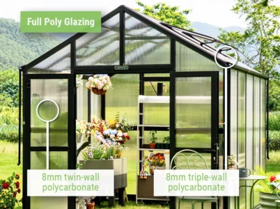 Feature image pointing out the different glazing materials for the Full Poly option of the Vego Victorian Greenhouse: 8mm twin-wall polycarbonate on the walls and 8mm triple-wall polycarbonate on the roof