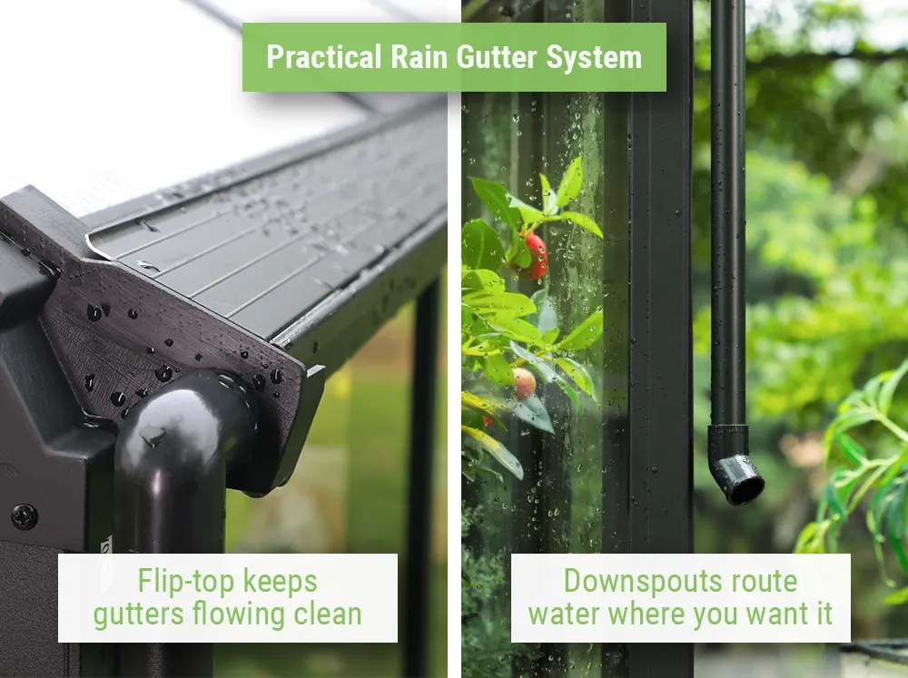 Feature image showing the flip-top gutter and the downspouts of the Vego Victorian Greenhouse