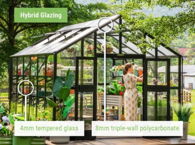 Feature image pointing out the different glazing materials for the Hybrid option of the Vego Victorian Greenhouse: 4mm tempered glass on the walls and 8mm triple-wall polycarbonate on the roof