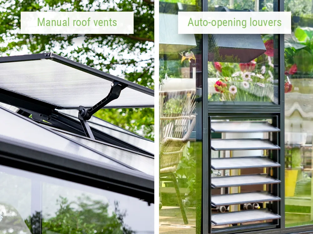 Manual roof vent and auto louver side by side which are part of the Vego Victorian Greenhouse