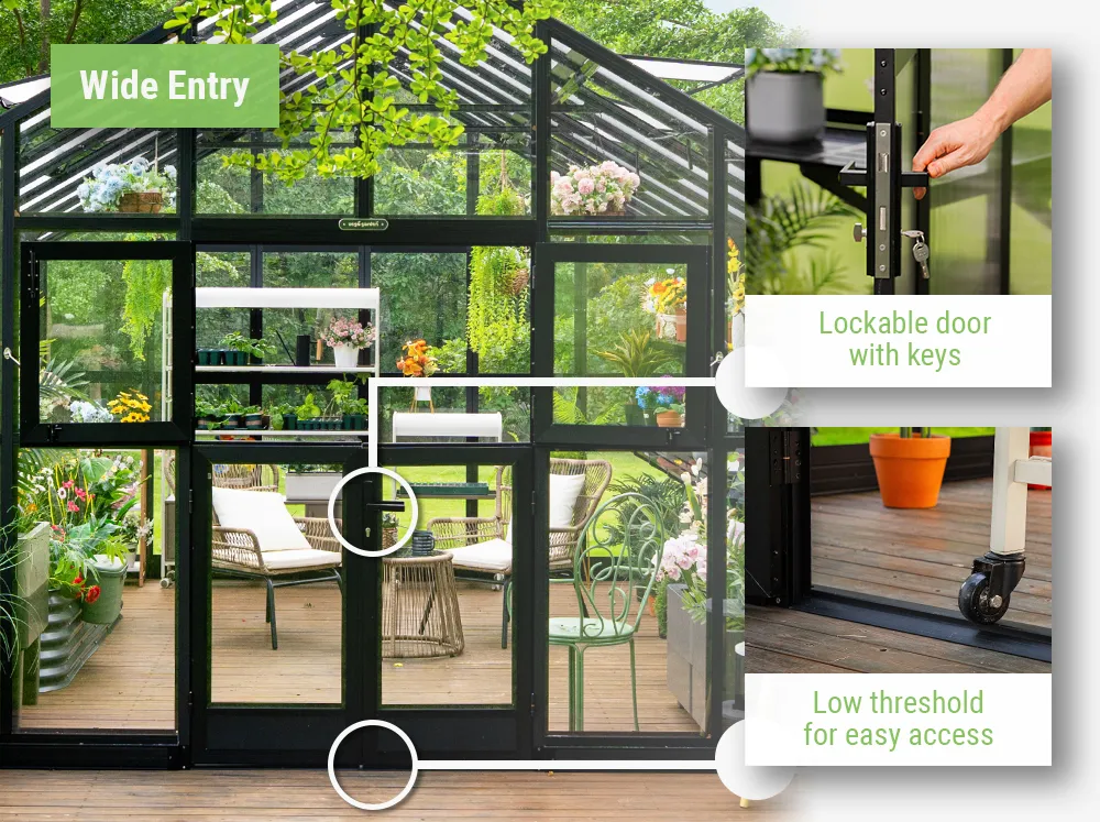 Feature image of the Dutch-double door in the Vego Victorian Greenhouse showcasing how the top opens individually, the door handle with keys, and the low threshold