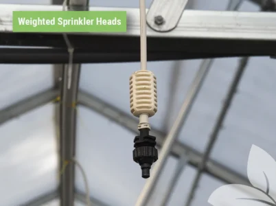 Close-up of the weighted sprinkler head of the MONT Automatic Greenhouse Watering System