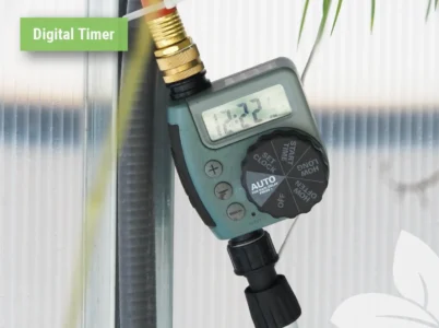 Close-up of the the programmable digital timer (commercial-grade) of the MONT Automatic Greenhouse Watering System
