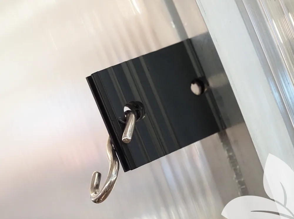 Black Plastic Hook for Growing Wire installed in greenhouse