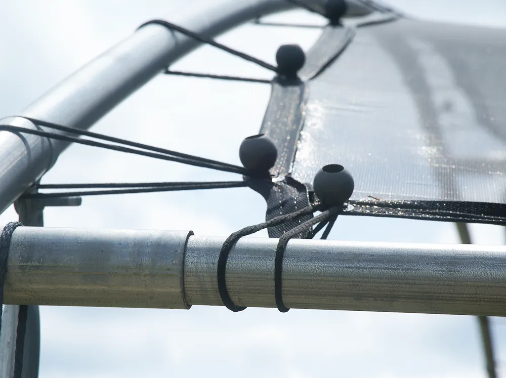 RSI Bungee Ball Mounts on a metal structure holding a shade cloth in place