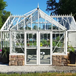 Front of Janssens Antique Orangerie in White with a masonry stem wall