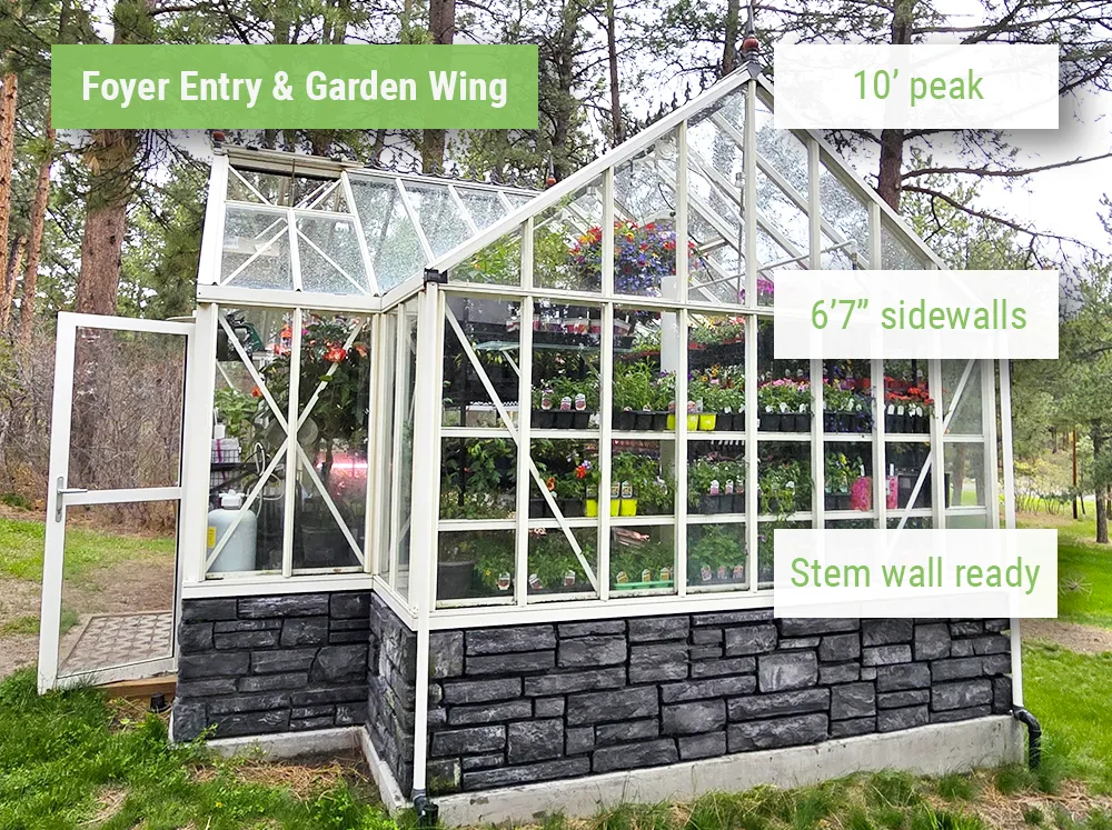 Side view of the Janssens Antique Orangerie with feature callouts for the 10ft height and stem wall