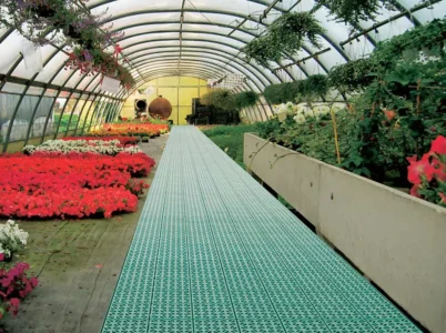 RSI Interlocking Flooring Tiles installed in the center of a hoop house greenhouse