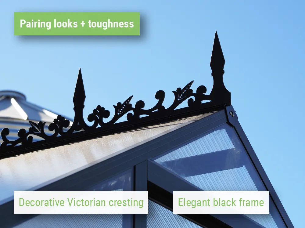 Detail view of the decorative ridge cresting and the black framing of the Riga Black Greenhouse
