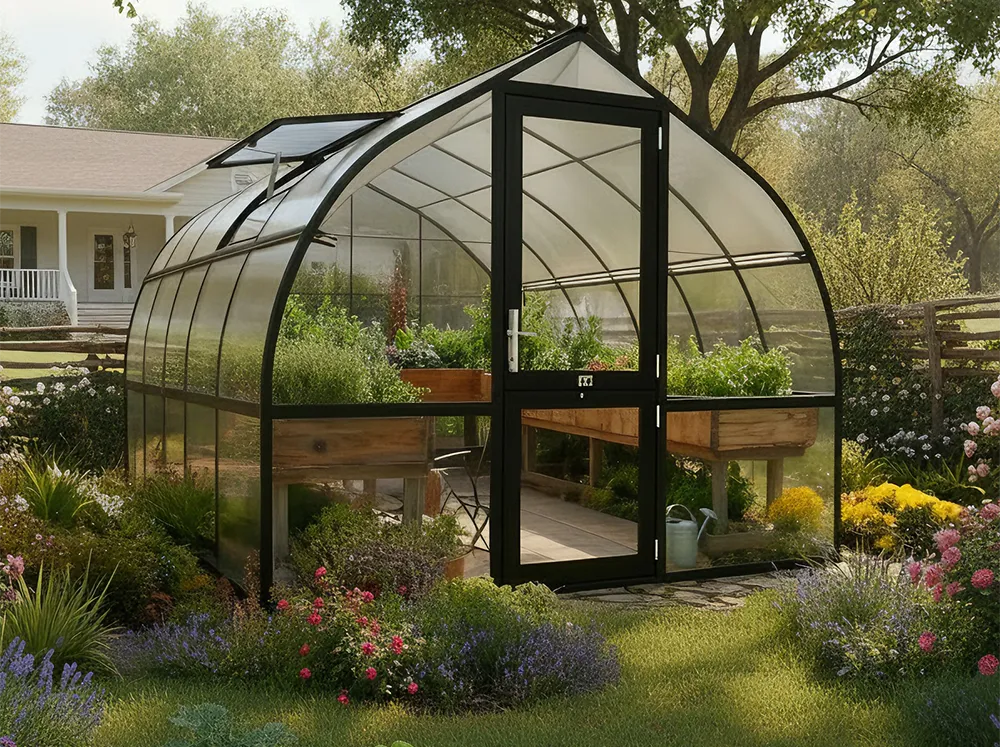Riga Black Greenhouse in a backyard with a clear front gable making the plants inside visible