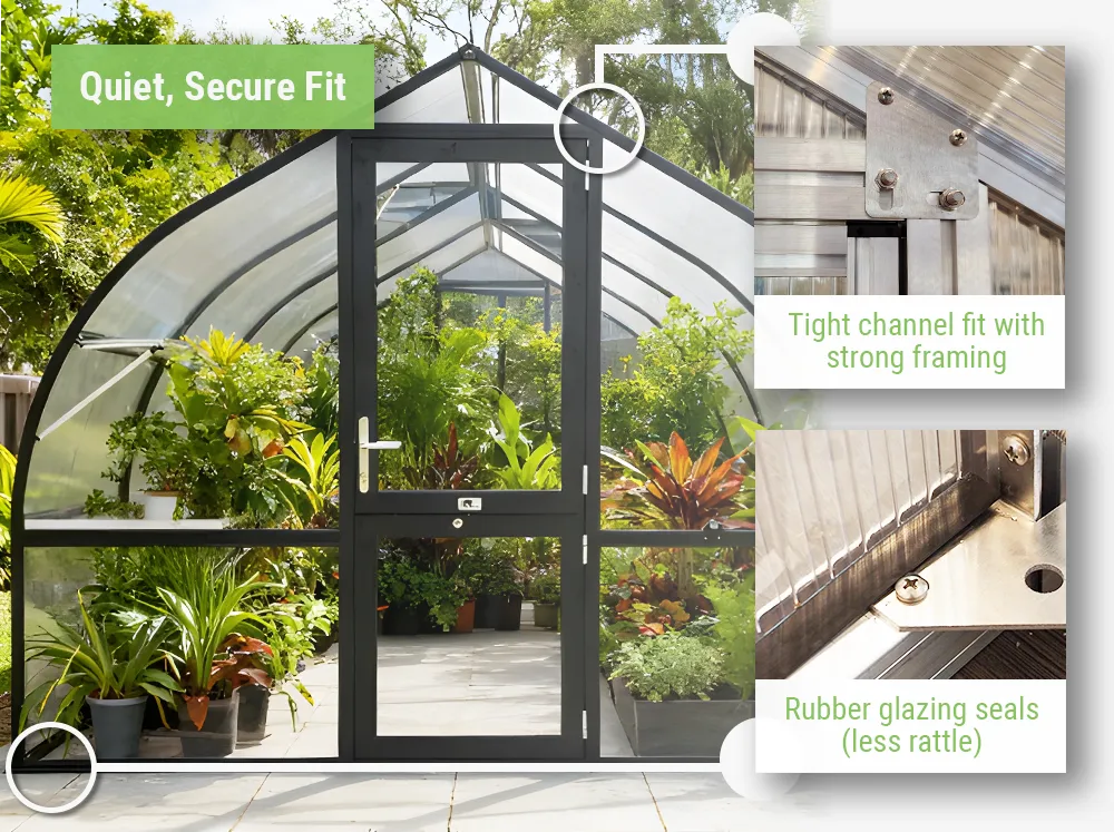 Feature image showcasing the built strength of the Riga Black Greenhouse including strong framing and wedge seals