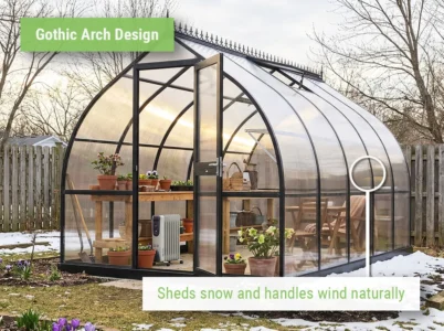 Feature image showing the curved shape for snow shedding of the Riga Black Greenhouse