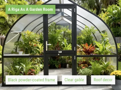Feature image showing the clear front wall of the Riga Black Greenhouse