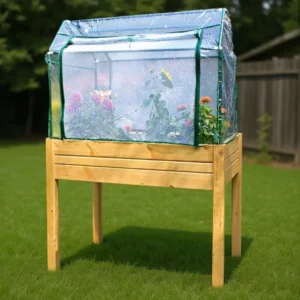 Eden Raised Garden Table & Mini Greenhouse in a backyard