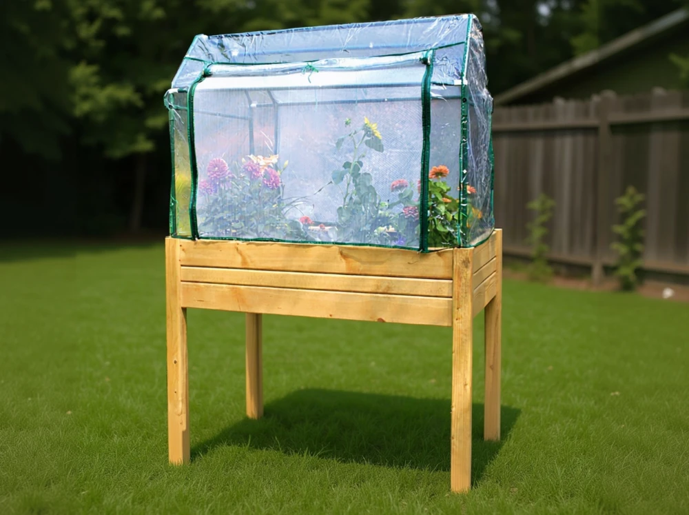 Eden Raised Garden Table & Mini Greenhouse in a backyard