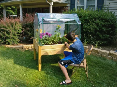 Kid gardening on the Eden Raised Garden Table & Mini Greenhouse while sitting on a chair