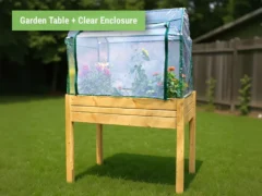Eden Raised Garden Table & clear Mini Greenhouse in a backyard