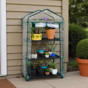 3-tier Genesis Portable Rolling Mini Greenhouse with clear cover on a patio