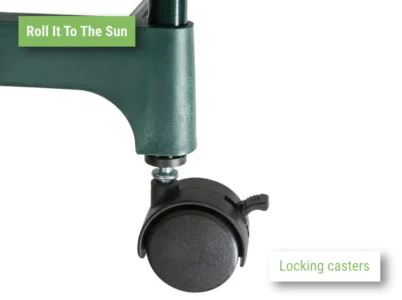 Close-up of the caster wheel on the Genesis Portable Rolling Mini Greenhouse