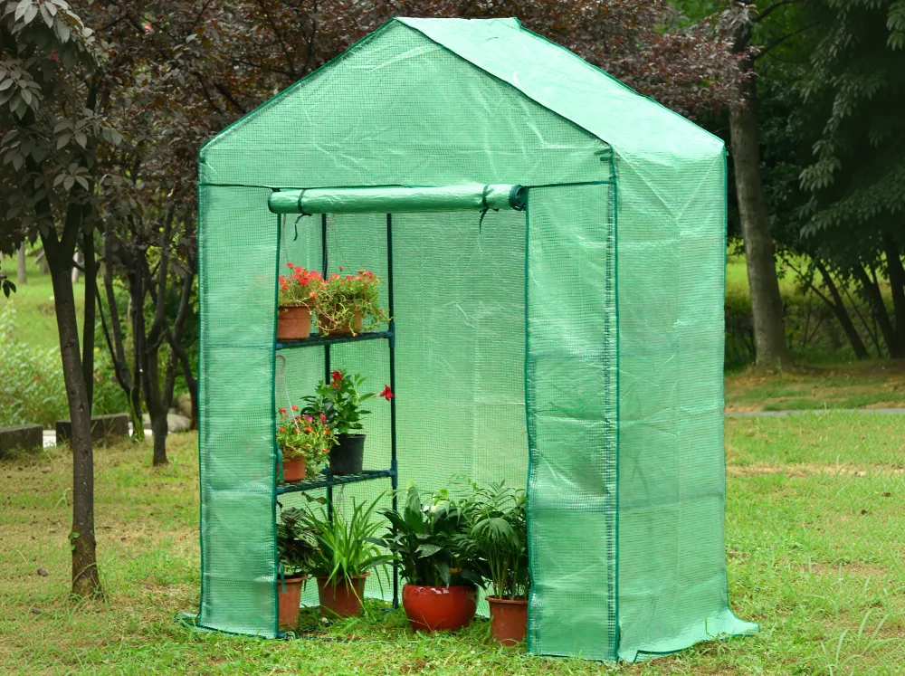 Genesis Portable Walk In Greenhouse with plants inside, rolled up door
