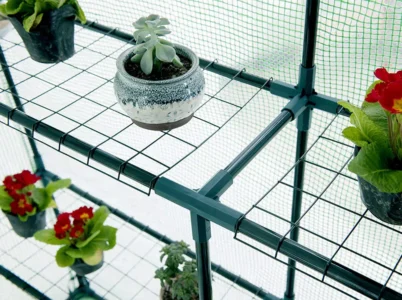 Detail view of the shelving inside the Genesis Portable Walk In Greenhouse