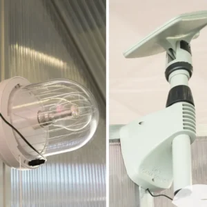 Light on the left and solar panel on the right - both parts of the Light My Shed Greenhouse Light