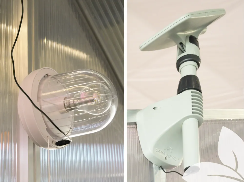 Light on the left and solar panel on the right - both parts of the Light My Shed Greenhouse Light