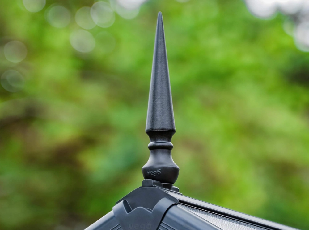 Vego Decorative Greenhouse Finial on the gable end of a Vego Greenhouse