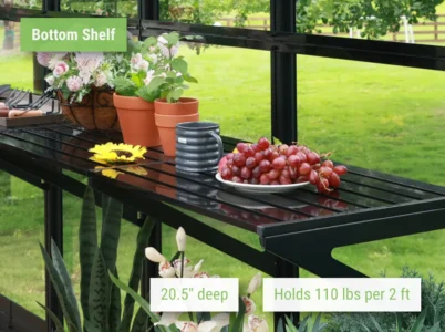 Vego Fixed Bottom Shelf installed in a greenhouse with pots and other decorations