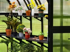 Vego Fixed Shelving (top and bottom) installed in a Vego greenhouse with pots and decor