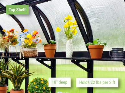 Vego Fixed Top Shelf installed in a greenhouse with pots