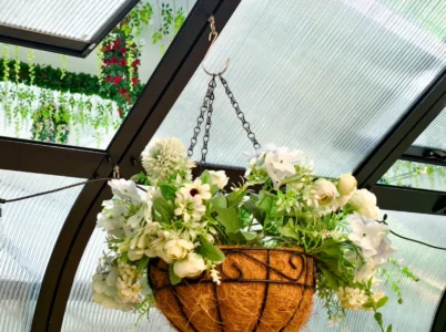 Vego Greenhouse Hook holding large hanging planter inside a greenhouse