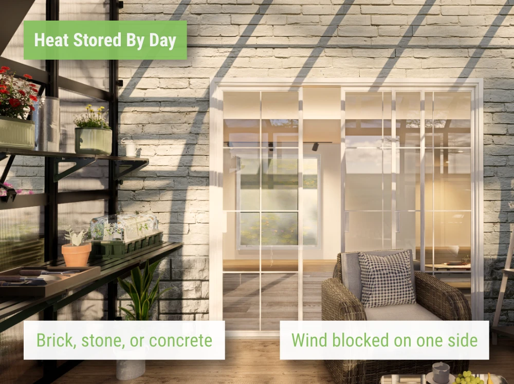 Feature image of the interior of the Vego Grand Lean-To Greenhouse showing how it attaches to a house wall that stores the warmth