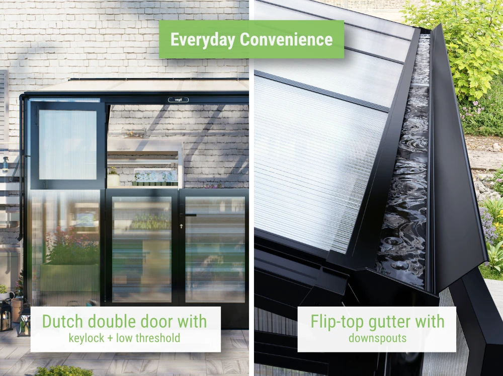 Feature image of the Vego Grand Lean-To Greenhouse showcasing the Dutch double door and the flip-top gutter