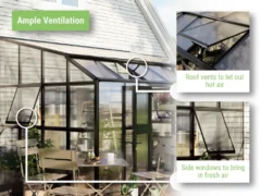 Feature image of the Vego Grand Lean-To Greenhouse showcasing the roof vents and side windows for ventilation
