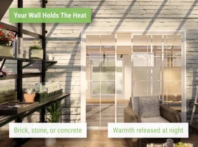 Feature image of the interior of the Vego Grand Lean-To Greenhouse showing how it attaches to a house wall that stores the warmth