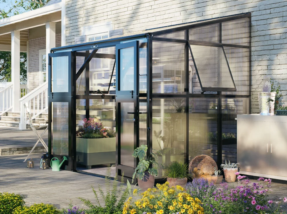 Vego Lean-To Greenhouse along a house wall with doors open