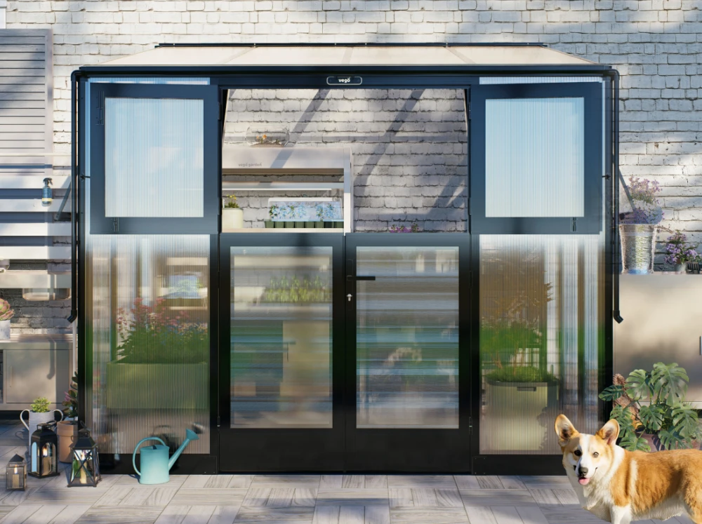 Front of the Vego Lean-To Greenhouse with the top of the Dutch door open