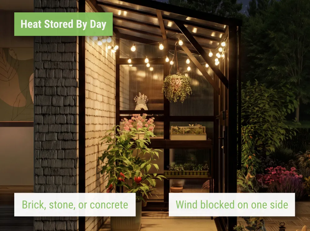 Feature image of the Vego Lean-To Greenhouse showcasing the warmth at night from the house wall