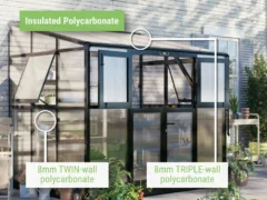 Feature image of the Vego Lean-To Greenhouse showcasing the glazing: 8mm twin wall polycarbonate for the walls and 8mm triple wall for the roof
