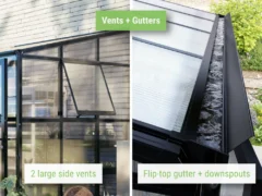 Feature image of the Vego Lean-To Greenhouse showcasing the large side windows and the flip-top gutter
