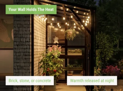 Feature image of the Vego Lean-To Greenhouse showcasing the warmth at night from the house wall